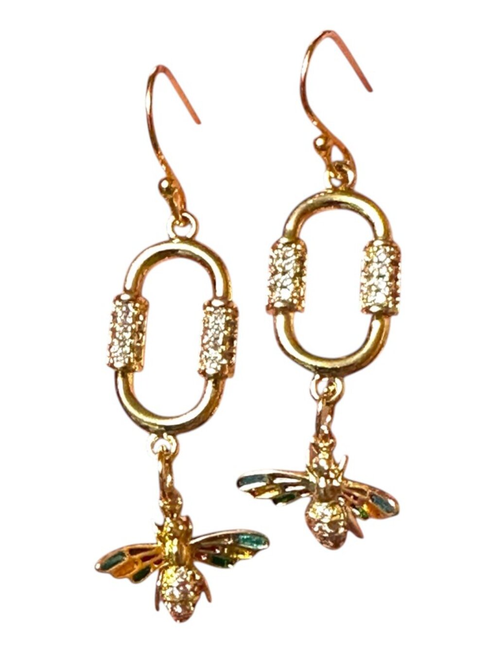Gold Filled Bee Earrings Paperclip CZ Enamel Dangle Handmade 18KT - Picture 8 of 13